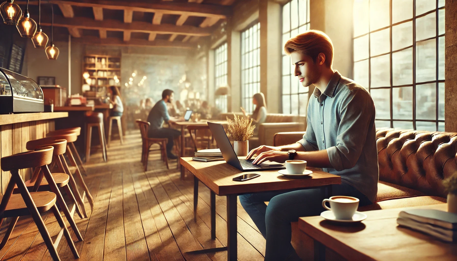 A young man is working on a laptop in a trendy coffee shop using such tools as VPN and two-factor authentication to secure his internet connection and all his data and actions on the web.