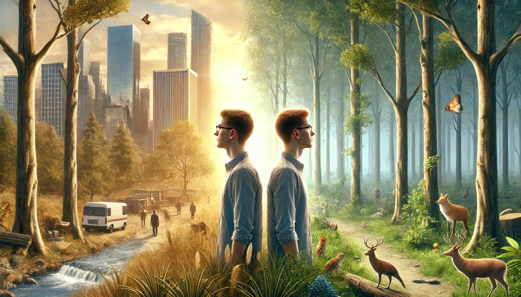 two identical twins in different environments, representing the nature vs. nurture debate.