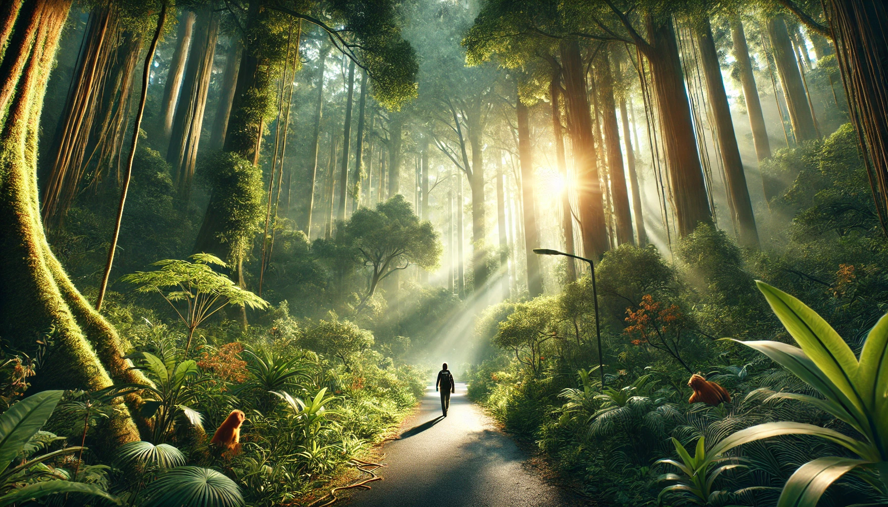 a person walking through a dense forest surrounded by towering trees and vibrant green vegetation.