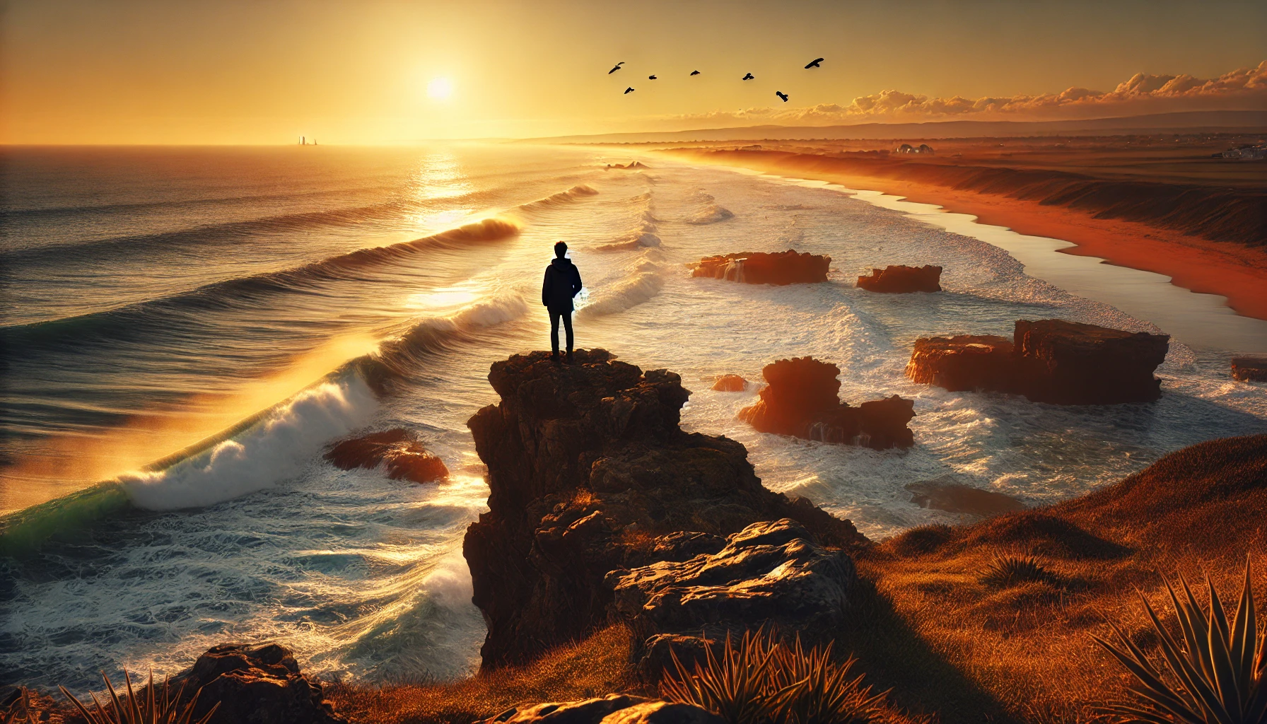 A beautiful coastal landscape during sunset, with the ocean waves gently crashing against the rocks. In the foreground, a person is standing on a cliff, overlooking the sea, fully immersed in the moment.