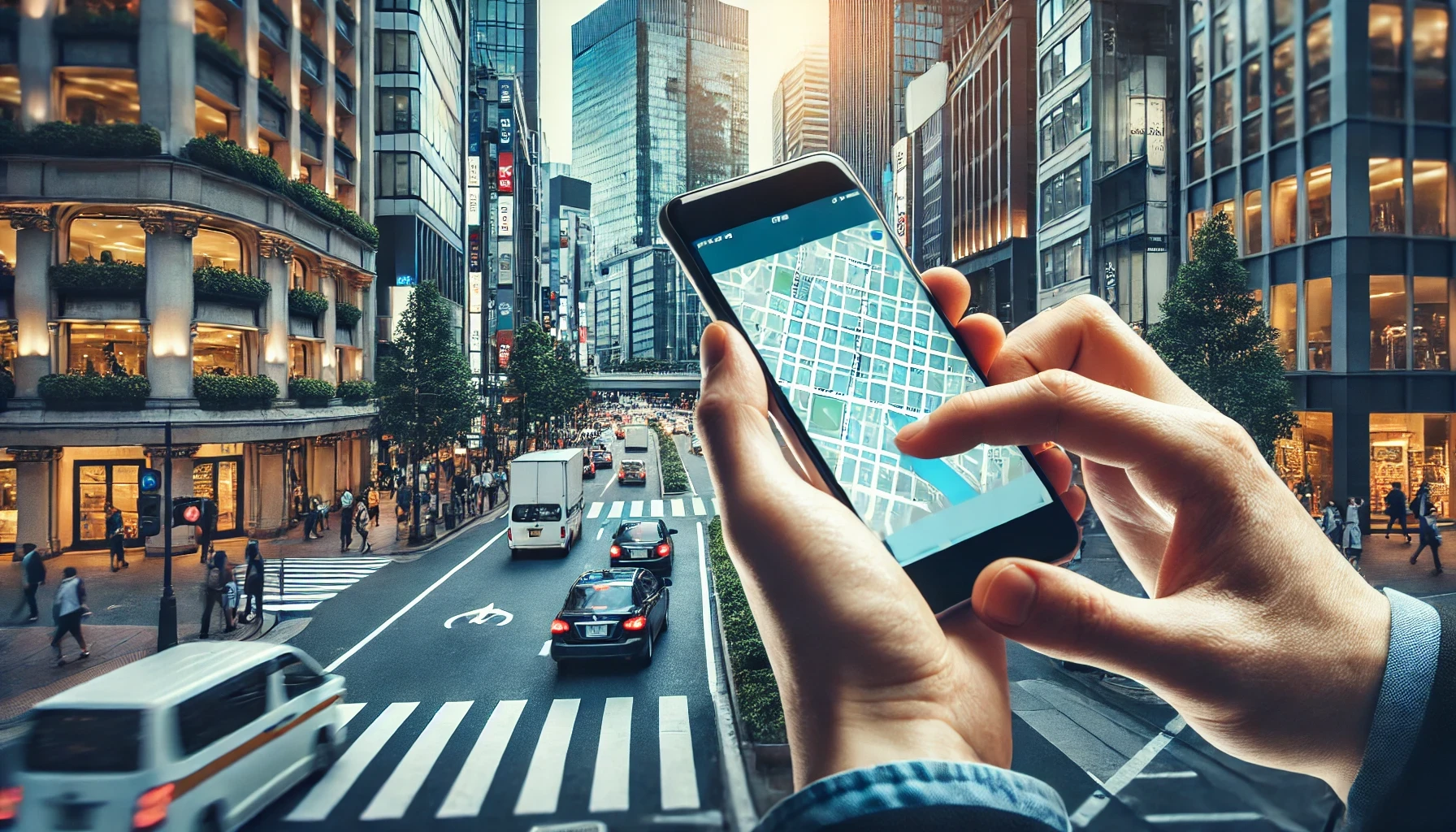 A person is using a smartphone with a location tracking app on the screen to navigate in a bustling urban environment.