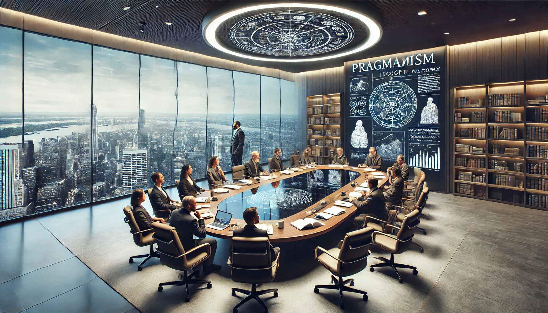 a modern conference room where a diverse group of intellectuals are engaged in a deep discussion about pragmatist philosophy.