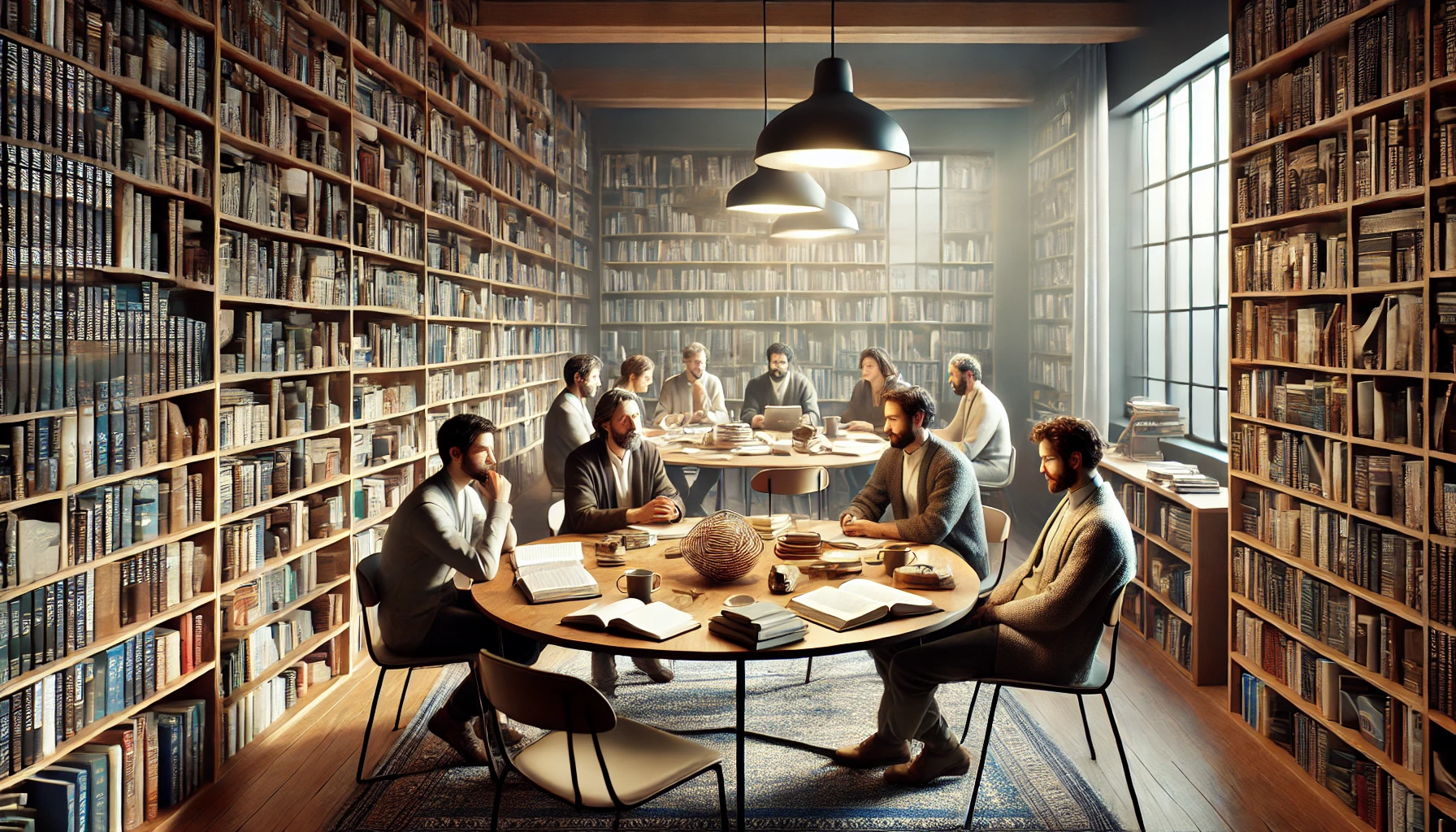 a cozy, modern library filled with books on philosophy, where a small group of scholars are engaged in a thoughtful discussion on pragmatism.