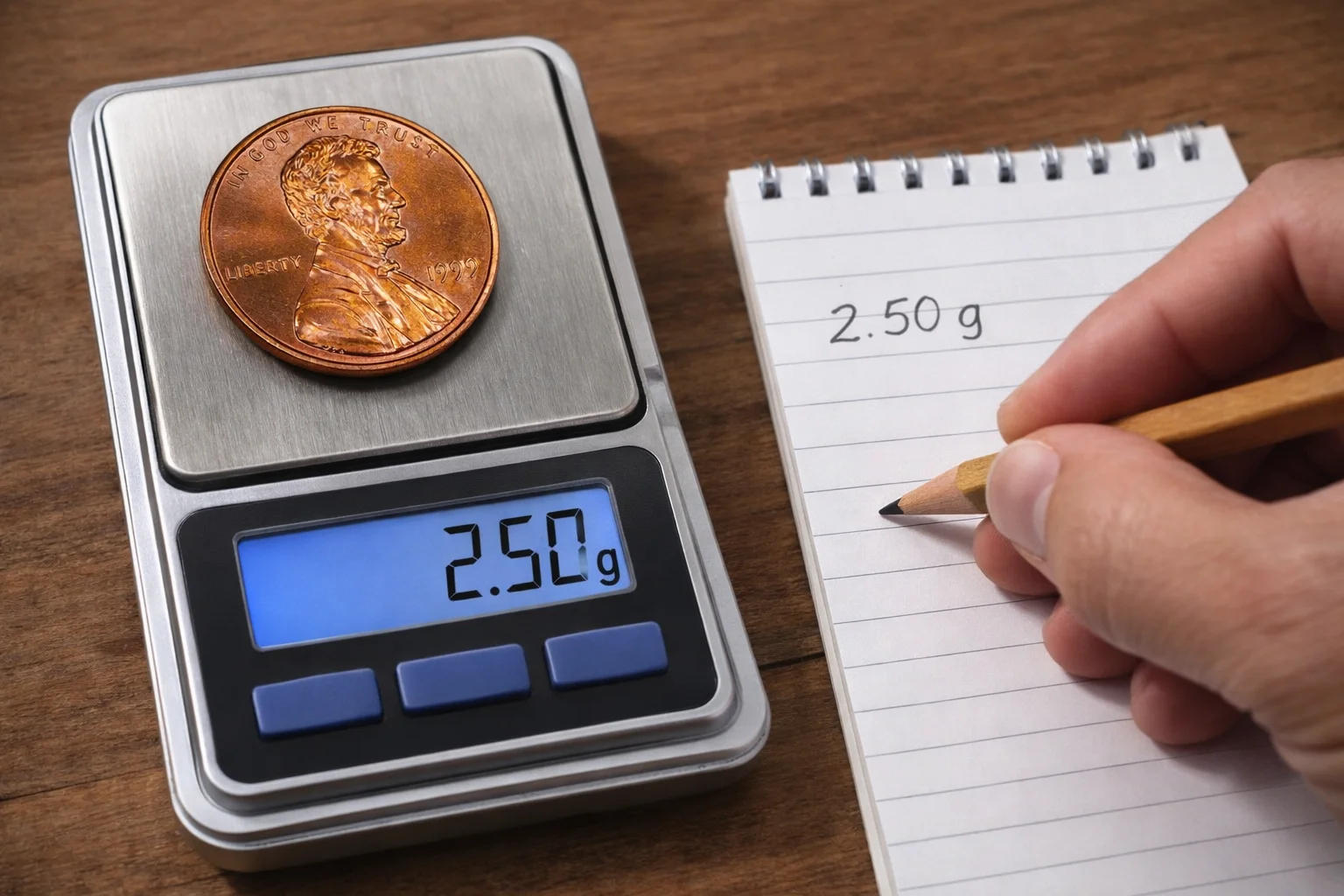 1999 Lincoln cent on digital scale showing 2.50 g.